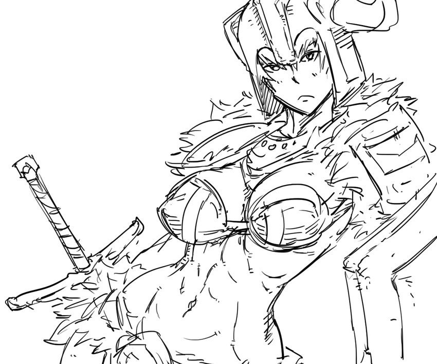 1girl abs bb_(baalbuddy) breasts cleavage drawfag frown helmet large_breasts league_of_legends monochrome open_mouth sejuani shield short_hair simple_background sketch solo sword weapon white_background