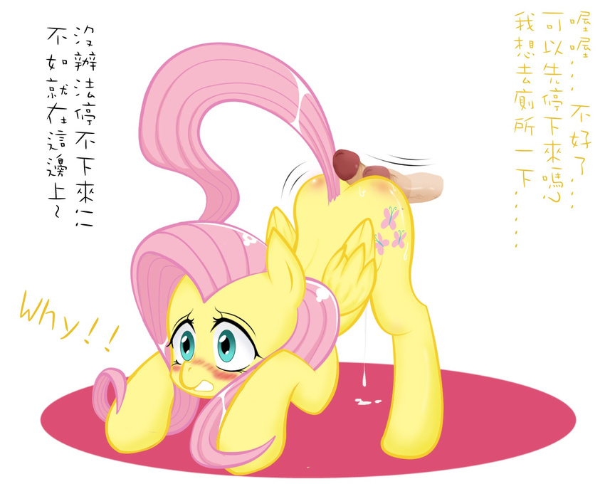 bestiality blush cum cutie_mark disembodied_penis dripping duo equine female feral fluttershy_(mlp) friendship_is_magic fur green_eyes hair horse hot_dogging human interspecies looking_at_viewer male mammal my_little_pony pegasus penis pink_hair plain_background pony sd_(artist) text translated white_background wings yellow_fur