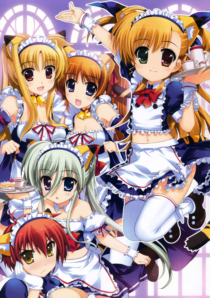 5girls absurdres blonde_hair einhart_stratos family fate_testarossa fujima_takuya heterochromia highres lyrical_nanoha mahou_shoujo_lyrical_nanoha mahou_shoujo_lyrical_nanoha_strikers mahou_shoujo_lyrical_nanoha_vivid maid multiple_girls nove nove_(nanoha) takamachi_nanoha vivio waitress