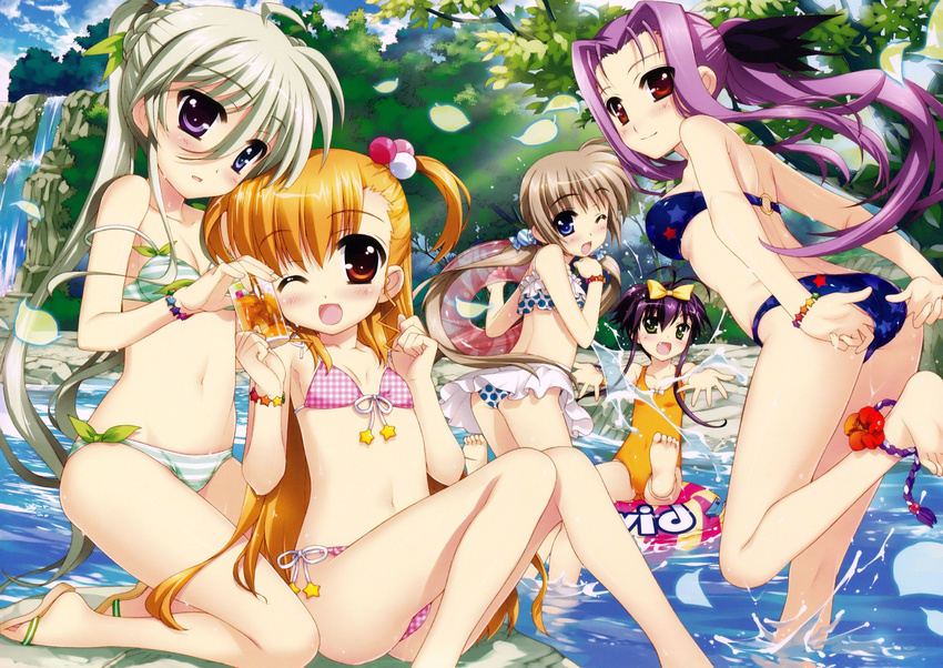 5girls :d ;d absurdres adjusting_clothes adjusting_swimsuit ass barefoot bikini blonde_hair blue_eyes blush bow bracelet breasts corona_timir crease einhart_stratos feet flat_chest front-tie_top fujima_takuya green_eyes green_hair hair_bow heterochromia highres innertube jewelry long_hair lutecia_alpine lyrical_nanoha mahou_shoujo_lyrical_nanoha mahou_shoujo_lyrical_nanoha_vivid multiple_girls navel one-piece_swimsuit one_eye_closed open_mouth print_bikini purple_eyes purple_hair red_eyes rio_wezley scan side-tie_bikini smile soles star star_print swimsuit twintails vivio wading water waterfall wink