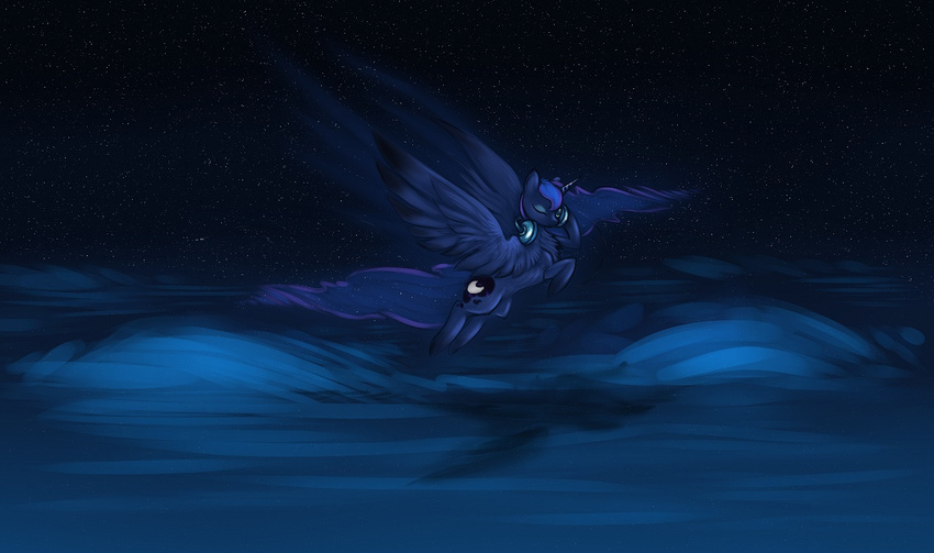 blue_fur blue_hair cord cutie_mark equine female feral flying friendship_is_magic fur hair headphones horn horse mammal moondevourer my_little_pony night one_eye_closed pony princess_luna_(mlp) solo water wind winged_unicorn wings