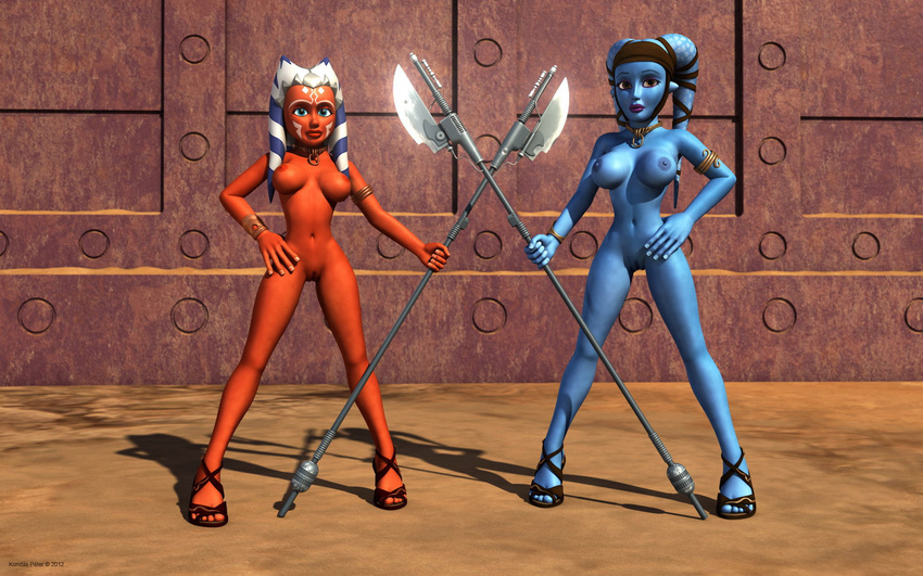 ahsoka_tano and breasts duo female invalid_tag is looking_at_viewer nude pose pussy star_wars weapon