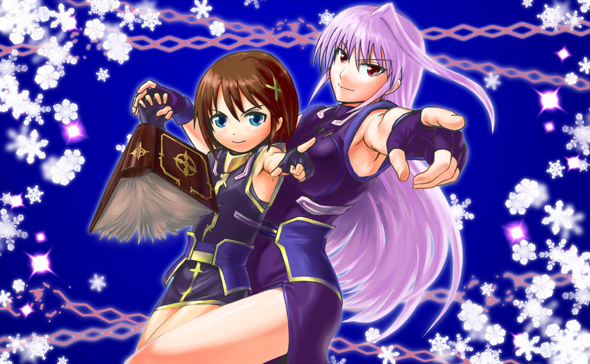 armpits bare_shoulders blue_eyes brown_hair fingerless_gloves gloves hair_ornament hair_ribbon highres holding_hands long_hair lyrical_nanoha magical_girl mahou_shoujo_lyrical_nanoha mahou_shoujo_lyrical_nanoha_a's mahou_shoujo_lyrical_nanoha_the_movie_2nd_a's multiple_girls no_jacket pointing red_eyes reinforce ribbon short_hair silver_hair skirt sleeveless snowflakes syoujinn tome_of_the_night_sky x_hair_ornament yagami_hayate