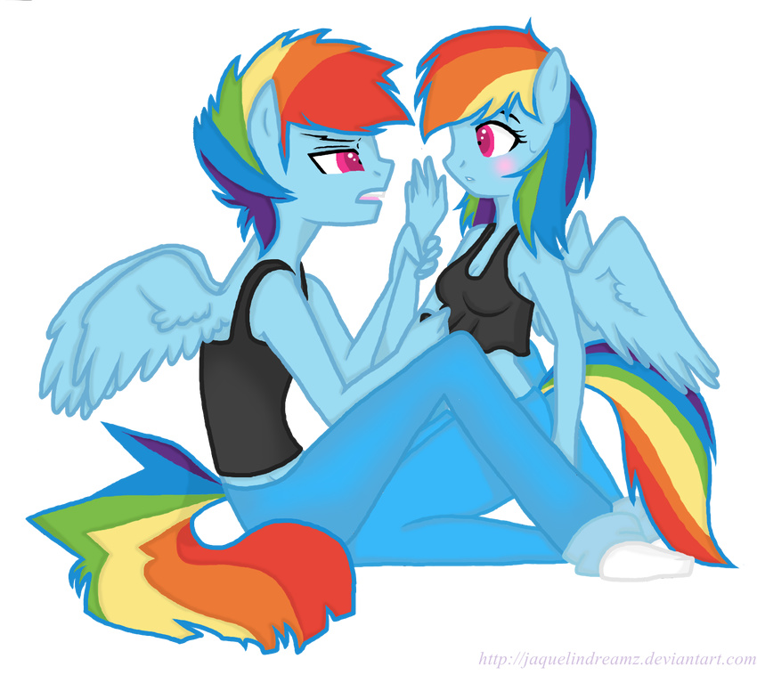 alpha_channel anthro anthrofied blue_fur blush clothed clothing crossgender duo equine female friendship_is_magic fur hair horse jaquelindreamz male mammal multi-colored_hair my_little_pony open_mouth pegasus plain_background pony purple_eyes rainbow_blitz_(mlp) rainbow_dash_(mlp) rainbow_hair square_crossover tongue transparent_background wings