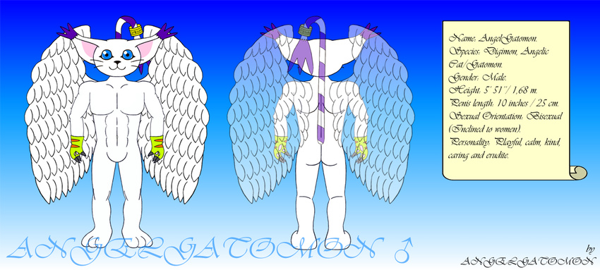 angel angelgatomon bisexual blue_eyes butt cat digimon feline female gatomon male muscles purple_fur solo straight white_fur wings