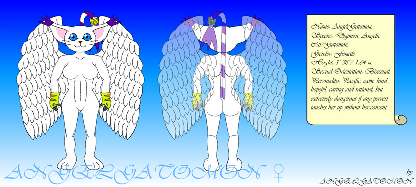 angel angelgatomon bisexual blue_eyes breasts butt cat digimon feline female gatomon lesbian male purple_fur solo straight white_fur wings