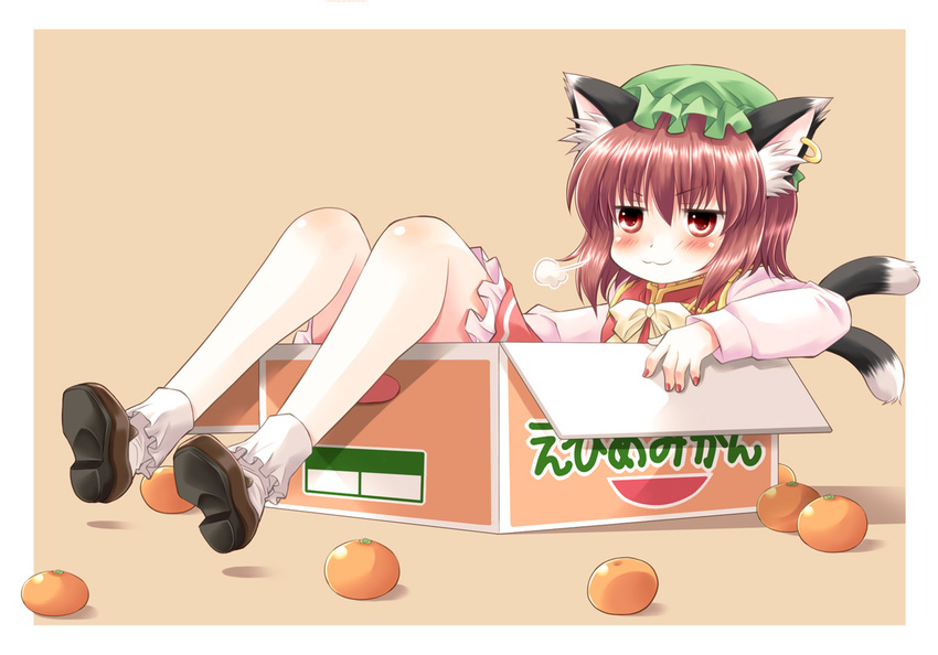 :3 =3 animal_ears blush bobby_socks box brown_eyes brown_hair cardboard_box cat_ears cat_tail chen food fruit full_body hat in_box in_container jewelry komiru multiple_tails nail_polish object_namesake orange orange_background shoes short_hair simple_background single_earring smile smug socks solo tail touhou white_legwear