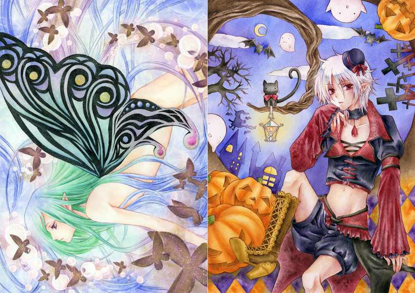 aoi_yuuka_(ao_no_kokoro) bat bug butterfly cat choker cross flat_chest insect jack-o'-lantern long_hair looking_at_viewer moon original pointy_ears short_hair solo traditional_media very_long_hair watercolor_(medium) wings