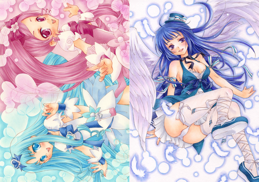 aoi_yuuka_(ao_no_kokoro) arin blue_eyes blue_hair blue_skirt blush bow breasts cure_blossom cure_marine feathers hanasaki_tsubomi heart kurumi_erika long_hair magical_girl marker_(medium) medium_breasts multiple_girls open_mouth pangya panties pink_bow pink_eyes pink_hair ponytail precure ribbon skirt smile thighhighs traditional_media underwear wings