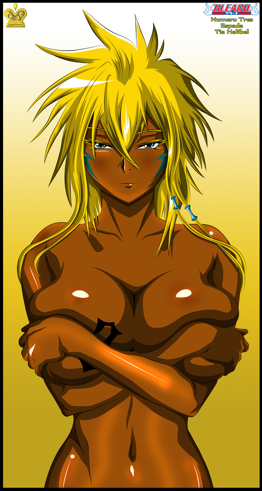 bleach blonde_hair breasts covering covering_self crossed_arms dark_skin female gradient_background green_eyes hair hi_res human looking_at_viewer mammal not_furry nude plain_background queen-vegeta69 simple_background solo spanish_text tattoo text tia_halibel yellow_background