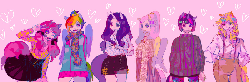 alternate_hairstyle animal_ears applejack bad_id bad_pixiv_id braid fluttershy hair_up hands_in_pockets horn long_hair matsusaka multiple_girls my_little_pony my_little_pony_friendship_is_magic no_hat no_headwear one_eye_closed pantyhose personification pink pinkie_pie ponytail pullover rainbow_dash rarity scarf suspenders tail twilight_sparkle twin_braids twintails v wings
