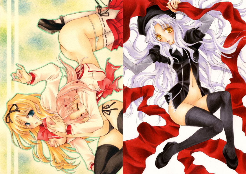 aoi_yuuka_(ao_no_kokoro) black_legwear blonde_hair blue_eyes blush bottomless breast_grab breasts caren_hortensia closed_eyes fate/hollow_ataraxia fate_(series) grabbing kusugawa_sasara layered_sleeves long_hair looking_at_viewer maaryan medium_breasts multiple_girls nipples no_legwear no_panties panties panty_pull pink_hair ribbon school_uniform serafuku shroud_of_magdalene side-tie_panties smile thighhighs to_heart_2 traditional_media underwear very_long_hair yellow_eyes