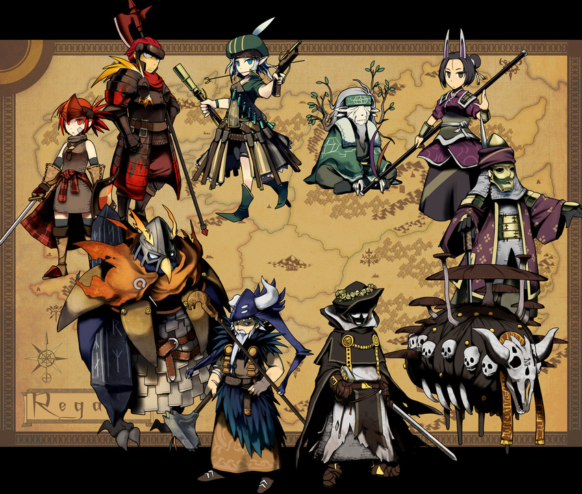 6+boys animal_ears blue_eyes gun highres mask multiple_boys multiple_girls pixiv_fantasia pixiv_fantasia_sword_regalia red_eyes red_hair short_hair skull staff sword weapon yamaada