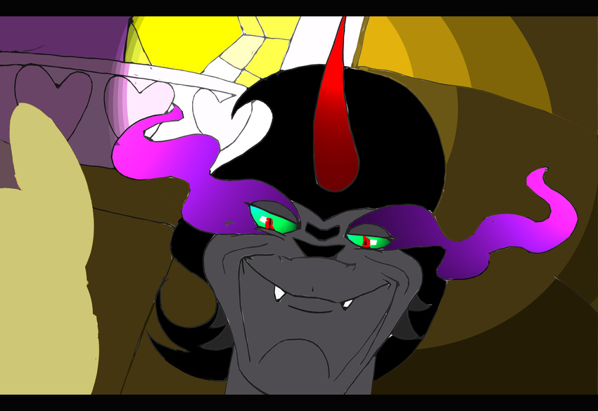 absurd_res black_hair blush done equine esprites female fluttershy_(mlp) forced friendship_is_magic fuel green_eyes green_sclera hair has hi_res horn horse king_sombra_(mlp) looking_at_viewer male movie my_little_pony my_little_pony_ nightmare plain_background pony rape scared science what