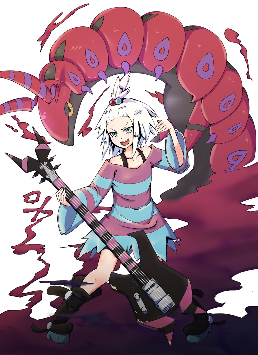 1girl antennae artist_request bare_legs blue_eyes boots collarbone gas guitar gym_leader hair_bobbles hair_ornament highres homika_(pokemon) insect instrument nintendo pokemon pokemon_(game) pokemon_bw2 scolipede shirt striped striped_shirt topknot white_hair