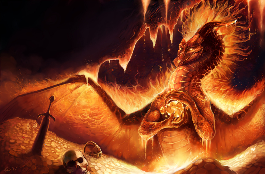 ball cave dragon feral fire gold helmet inside lava orange_eyes orange_scales orange_theme rhyu skull solo sword warm_colors weapon wings