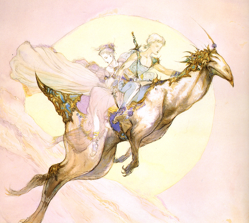 1girl 90s absurdres amano_yoshitaka butz_klauser cape final_fantasy final_fantasy_v highres lenna_charlotte_tycoon monster multiple_riders official_art riding sidesaddle sword weapon
