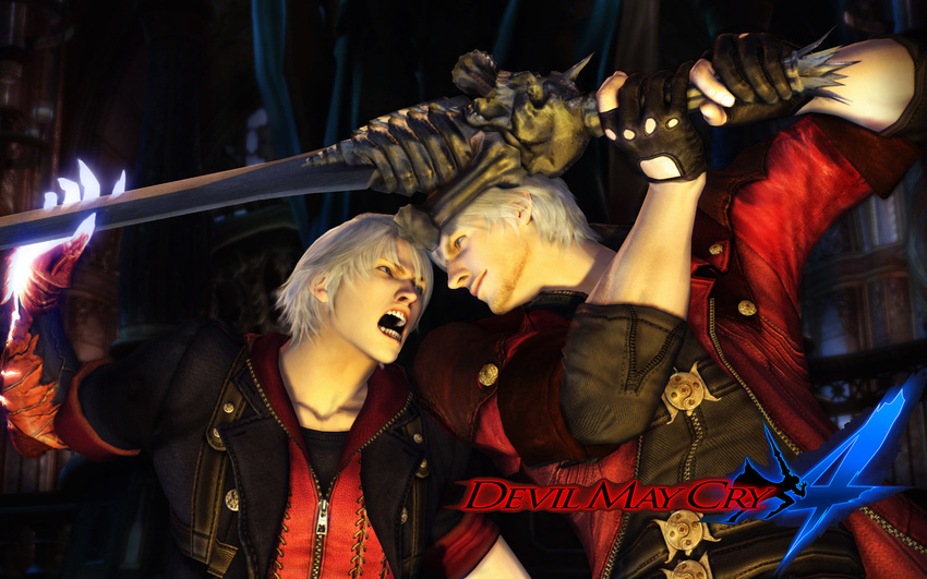battle copyright_name dante_(devil_may_cry) devil_may_cry devil_may_cry_4 highres male_focus multiple_boys nero_(devil_may_cry) sword weapon