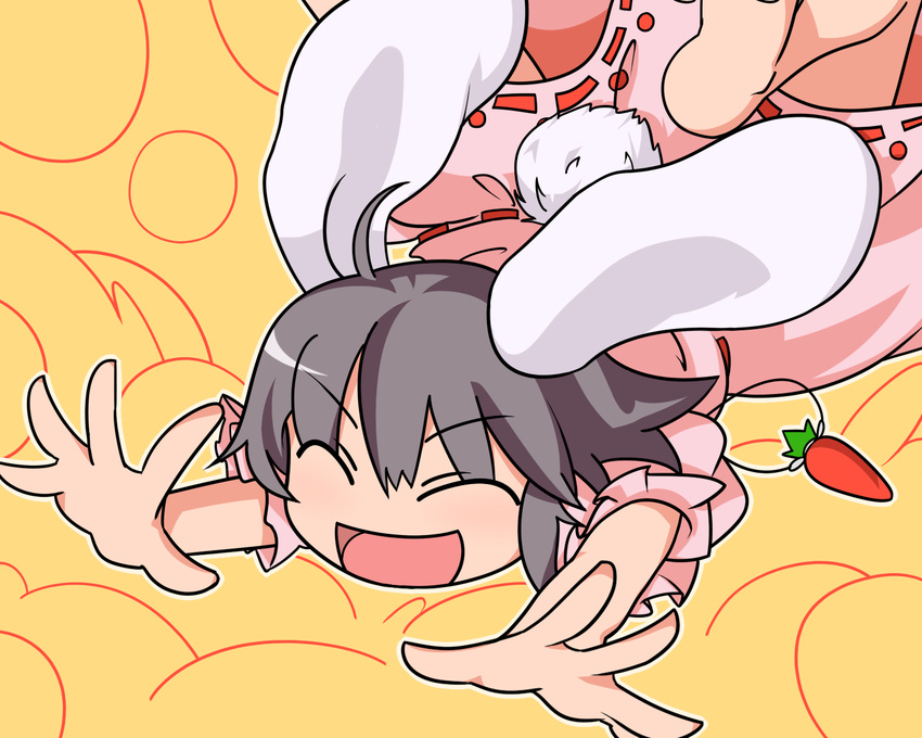 :d ^_^ ^o^ animal_ears black_hair blush bunny_ears carrot closed_eyes dress fallen_down highres inaba_tewi iyau open_mouth outstretched_arms pink_dress puffy_short_sleeves puffy_sleeves short_sleeves smile solo touhou upper_body