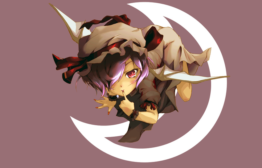 arm_garter bad_id bad_pixiv_id blush brown_dress brown_hat crescent dark_skin dress finger_to_mouth frills full_body hair_over_one_eye hat hat_ribbon looking_at_viewer mefix mob_cap nail_polish purple_hair red_background red_eyes red_nails red_ribbon remilia_scarlet ribbon short_hair short_sleeves simple_background solo touhou