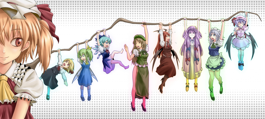 :&lt; :d :o ^_^ ahoge ao_usagi apron arm_up arms_up ascot bangs barefoot bat_wings beret black_legwear blonde_hair blue_dress blue_eyes blue_hair blue_ribbon blunt_bangs bow braid brown_hair china_dress chinese_clothes cirno closed_eyes colorful crescent cup daiyousei dress dress_shirt drinking everyone fairy_wings fang flandre_scarlet flying_sweatdrops frills giantess glowing gradient green_eyes green_hair grey_hair hair_bow hair_ribbon hanging hat hat_ribbon head_wings high_heels highres hime_cut holding hong_meiling ice ice_wings izayoi_sakuya kicking kneehighs koakuma large_bow lavender_hair long_hair long_sleeves looking_down looking_up low_wings maid maid_headdress minigirl multiple_girls necktie open_mouth outline outstretched_arms pantyhose patchouli_knowledge purple_dress purple_eyes purple_hair red_eyes red_hair red_ribbon remilia_scarlet revision ribbon rumia shirt shoes short_hair short_sleeves side_ponytail side_slit sidelocks silver_hair skirt skirt_set smile spread_arms star striped striped_dress surprised sweatdrop teacup the_embodiment_of_scarlet_devil touhou trembling twin_braids v-shaped_eyebrows vertical_stripes very_long_hair vest waist_apron waving white_background white_hair white_legwear white_shirt wings wrist_cuffs