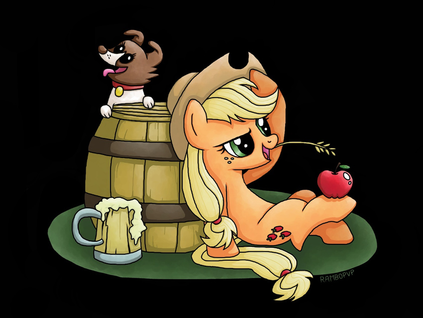 apple applejack_(mlp) black_background blonde_hair canine cowboy_hat cutie_mark dog duo equine female feral freckles friendship_is_magic fruit green_eyes hair hat horse mammal my_little_pony plain_background pony rambopvp wheat winona_(mlp)