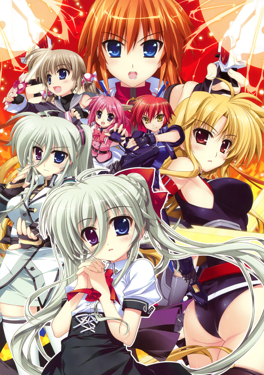 6+girls absurdres blonde_hair caro_ru_lushe corona_timir einhart_stratos fate_testarossa fujima_takuya heterochromia highres lyrical_nanoha mahou_shoujo_lyrical_nanoha mahou_shoujo_lyrical_nanoha_vivid multiple_girls nove nove_(nanoha) teana_lanster thighhighs