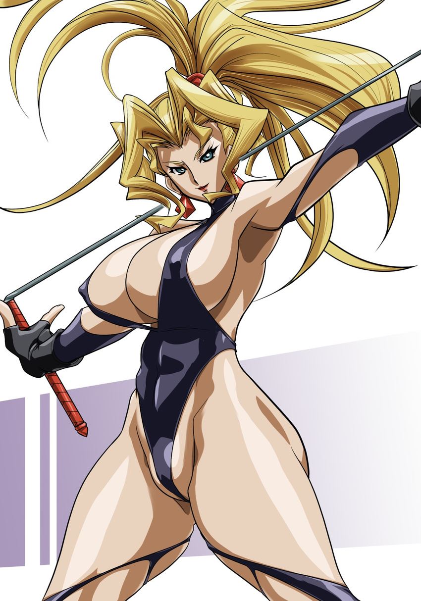 :d armpits bangs bare_shoulders black_legwear blonde_hair blue_eyes breasts cleavage cleavage_cutout covered_nipples earrings elbow_gloves fighting_stance fingerless_gloves floating_hair gloves gradient gradient_background groin halterneck high_ponytail highleg highleg_leotard highres hinokawa_jun holding huge_breasts jewelry leotard lipstick long_hair looking_at_viewer makeup naughty_face open_mouth outstretched_arms partially_visible_vulva ponytail scrunchie sideboob sidelocks skin_tight skindentation smile sofia_(toushinden) solo spread_arms standing thick_thighs thighhighs thighs toushinden turtleneck wavy_hair weapon wedgie whip