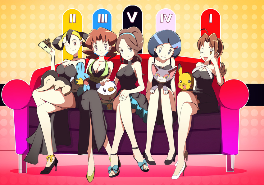 ;d ahoge ankle_ribbon ayako_(pokemon) bare_shoulders black_dress black_hair blue_eyes blue_hair bow breasts brown_hair chin_rest choker cleavage couch criss-cross_halter crossed_legs cyndaquil dress eyeshadow flipped_hair gen_1_pokemon gen_2_pokemon gen_3_pokemon gen_4_pokemon gen_5_pokemon glameow gradient grin hair_ornament hair_rings hairclip halterneck hanako_(pokemon) hand_on_own_knee headband high_heels highres indoors jewelry lineup long_hair looking_at_viewer makeup mature medium_breasts mitsuko_(pokemon) mole mole_under_eye money mother_bw_(pokemon) mother_gsc_(pokemon) mudkip multiple_girls one_eye_closed open_mouth orange_eyes oshawott pikachu pokedollar pokemon pokemon_(creature) pokemon_(game) pokemon_bw pokemon_dppt pokemon_gsc pokemon_rgby pokemon_rse ponytail red_eyes ribbon sandals scrunchie shoes short_dress short_hair sitting smile vivivoovoo