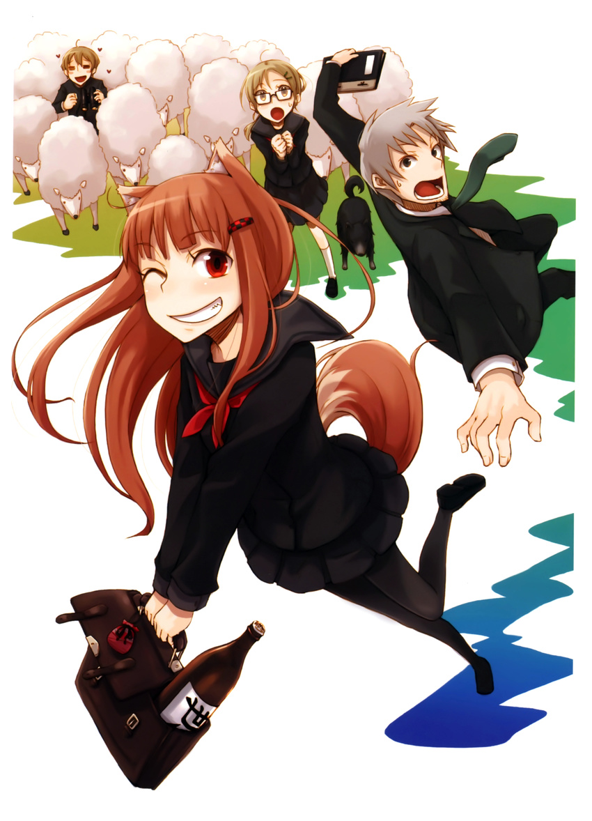 2girls ;) absurdres animal_ears ayakura_juu bag binoculars black_legwear bottle brown_hair contemporary craft_lawrence dog fermi_amarti foreshortening glasses grey_hair grin hair_ornament hairclip highres holo long_hair multiple_boys multiple_girls necktie nora_arento one_eye_closed open_mouth pantyhose pleated_skirt ponytail pulling red_eyes sake_bottle scan school_bag school_briefcase school_uniform serafuku sheep short_hair skirt smile spice_and_wolf sweatdrop tail wolf_ears wolf_tail