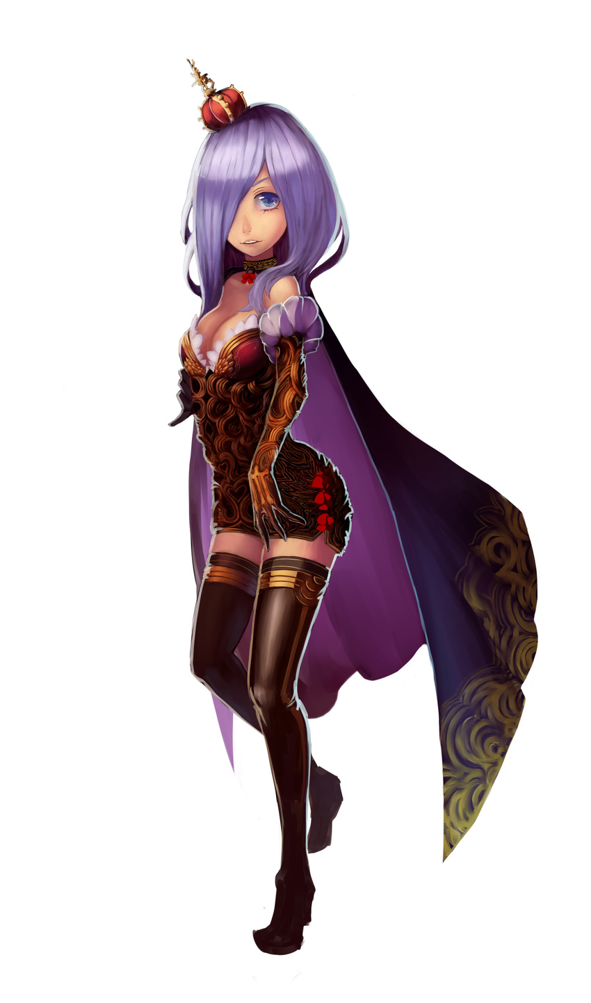 1girl bare_shoulders blue_eyes boots breasts cape crown dress gloves hair_over_one_eye highres kansou_samehada kansousamehada long_hair open_mouth original purple_hair ribbon simple_background smile thigh_boots thighhighs white_background