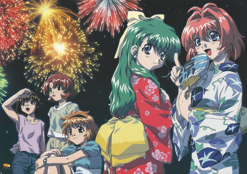 5girls absurdres blue_eyes fan fireworks green_hair highres japanese_clothes kimono miyafuji_miina multiple_girls onegai_twins onodera_karen red_hair traditional_clothes