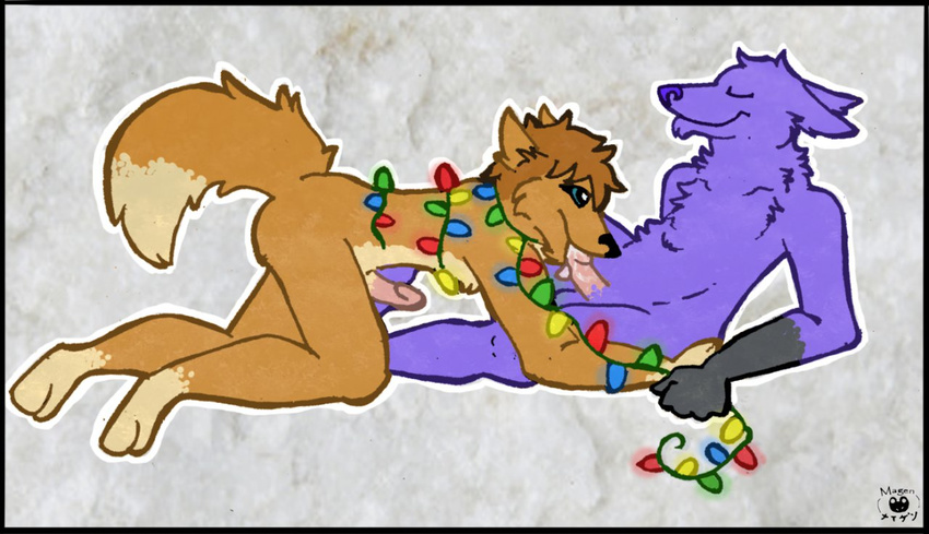 andy_dingo_wolf anthro canine christmas christmas_lights cum dog duo erection eyes_closed fellatio fur fusky_(species) gay hair holidays hybrid lynx_softpaw male mammal mates nightlinez nude oral oral_sex paws penis plain_background purple_fur sex wolingo