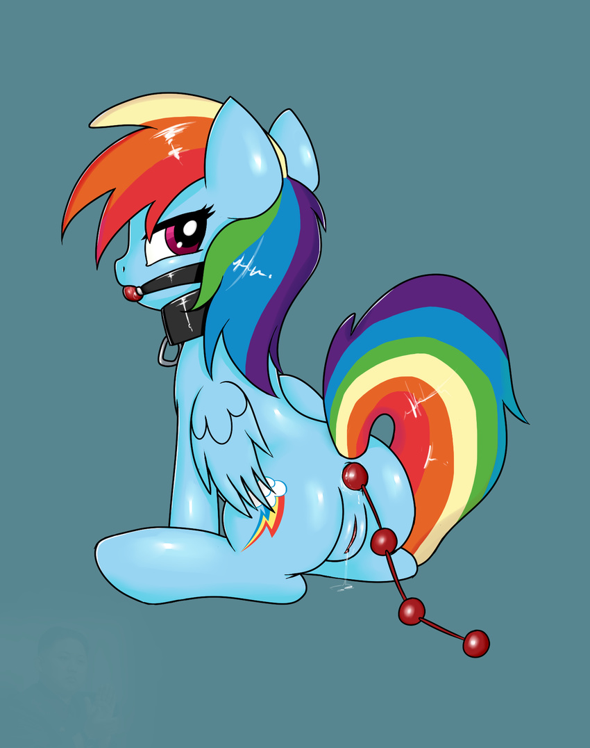 anal anal_beads anal_penetration anus ball_gag butt collar cutie_mark equine female feral friendship_is_magic gag hair horse looking_at_viewer looking_back mammal miketheuser multi-colored_hair my_little_pony pegasus penetration plain_background pony purple_eyes pussy pussy_juice rainbow_dash_(mlp) rainbow_hair sex_toy solo wings