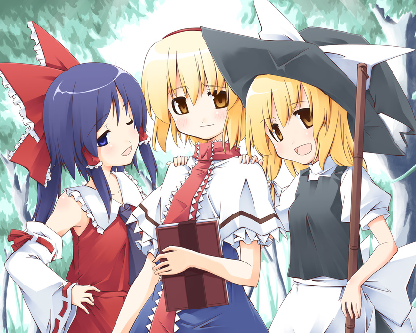 ;d alice_margatroid apron blonde_hair book braid brown_eyes grimoire grimoire_of_alice hair_tubes hakurei_reimu hat head_tilt highres kirisame_marisa looking_at_viewer multiple_girls one_eye_closed open_mouth sakuraba_yuuki sidelocks single_braid smile touhou waist_apron witch_hat