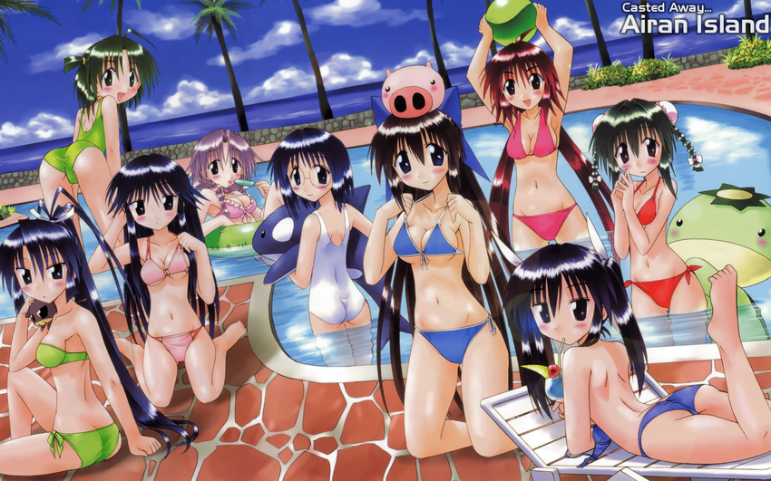 adjusting_clothes adjusting_swimsuit antenna_hair armpits arms_up ass ayane_(nagasarete_airantou) back ball beef_jerky_(nagasarete_airantou) bent_over bikini black_hair blue_eyes blue_hair blush braid breasts brown_eyes brown_hair bun_cover chair chikage_(nagasarete_airantou) cleavage cow day dolphin double_bun everyone food fujishiro_takeshi glasses green_hair highres inflatable_raft innertube kappa kneeling long_hair looking_back lounge_chair lying machi_(nagasarete_airantou) medium_breasts mei_mei_(nagasarete_airantou) michiru_(nagasarete_airantou) multiple_girls nagasarete_airantou non-web_source object_on_head on_stomach outdoors pig ponytail pool poolside popsicle purple_hair red_hair rin_(nagasarete_airantou) shinobu_(nagasarete_airantou) short_twintails small_breasts smile suzu_(nagasarete_airantou) swimsuit tonkatsu_(nagasarete_airantou) toono_(nagasarete_airantou) topless twin_braids twintails underboob very_long_hair wading wallpaper water yukino_(nagasarete_airantou)