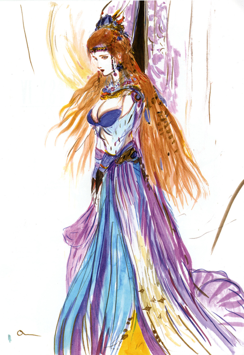 90s amano_yoshitaka blonde_hair breasts cleavage dress final_fantasy final_fantasy_iii highres jewelry large_breasts official_art sara_altney solo