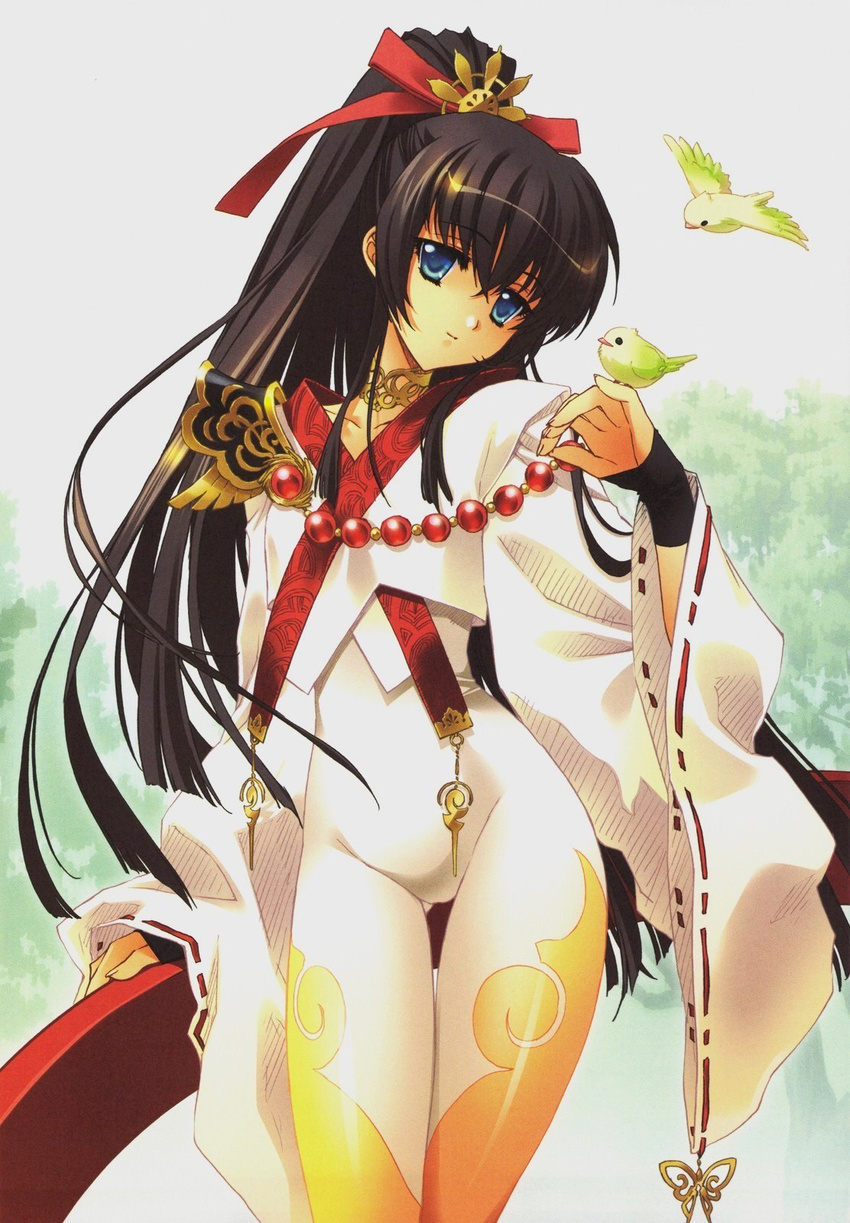 adapted_uniform artbook bird black_hair blue_eyes carnelian highres japanese_clothes long_hair nontraditional_miko original ponytail skin_tight solo