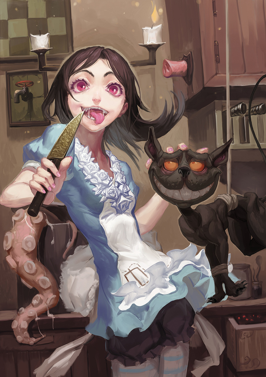 absurdres alice:_madness_returns alice_(wonderland) alice_in_wonderland american_mcgee's_alice apron bad_id bad_pixiv_id bdsm black_cat black_hair bondage bound bound_legs cat cheshire_cat grin highres knife long_hair octopus open_mouth pandegg pantyhose pot red_eyes rope saliva sharp_teeth smile striped striped_legwear teeth