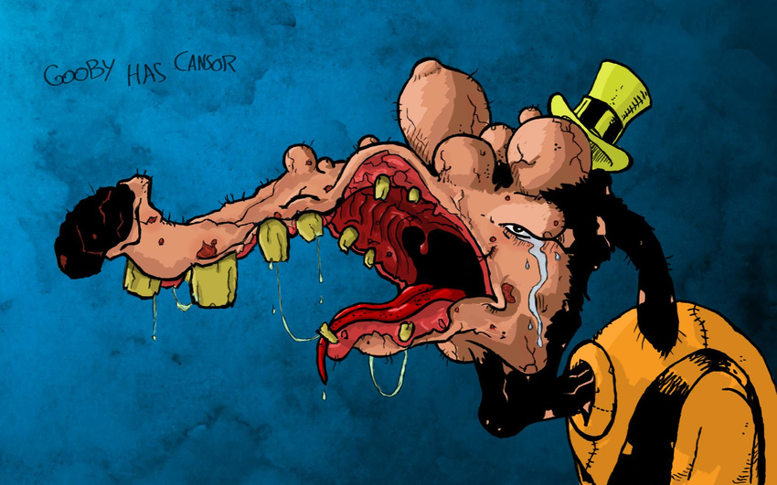 anthro bad_teeth blue_background bust_portrait cancer clothed clothing crying digital_media_(art) digital_painting_(art) disfigured disney drooling gooby goofy hat male mini_top_hat mixed_media nightmare_fuel open_mouth orange_shirt plain_background saliva sick side_view slobber solo tears top_hat wallpaper what