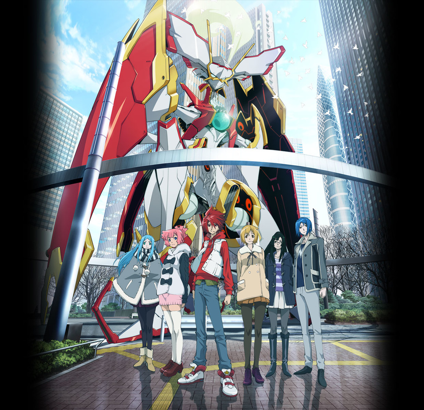 4girls agemaki_wako alternate_costume aqua_eyes aqua_hair black_hair blonde_hair blue_eyes blue_hair boots building casual fur_coat glasses highres itou_yoshiyuki jacket kita_no_miko koyama_shigeto mecha mode_gakuen_cocoon_tower multiple_boys multiple_girls nichi_keito official_art pantyhose pink_hair ponytail red_eyes red_hair scarf shadow shindou_sugata skirt star_driver tauburn_(star_driver) thighhighs tree tsunashi_takuto vest you_mizuno