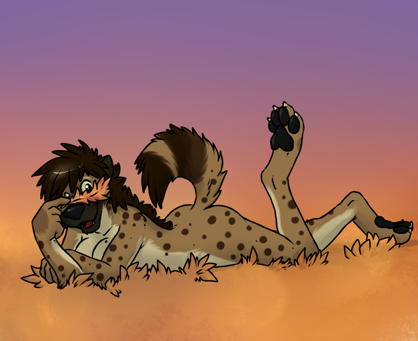 4_toes aggrobadger autumn claws digitigrade female hindpaw hyena looking_at_viewer lying makena mammal nude on_front on_stomach outside paws peeking playful reclining soles solo toes