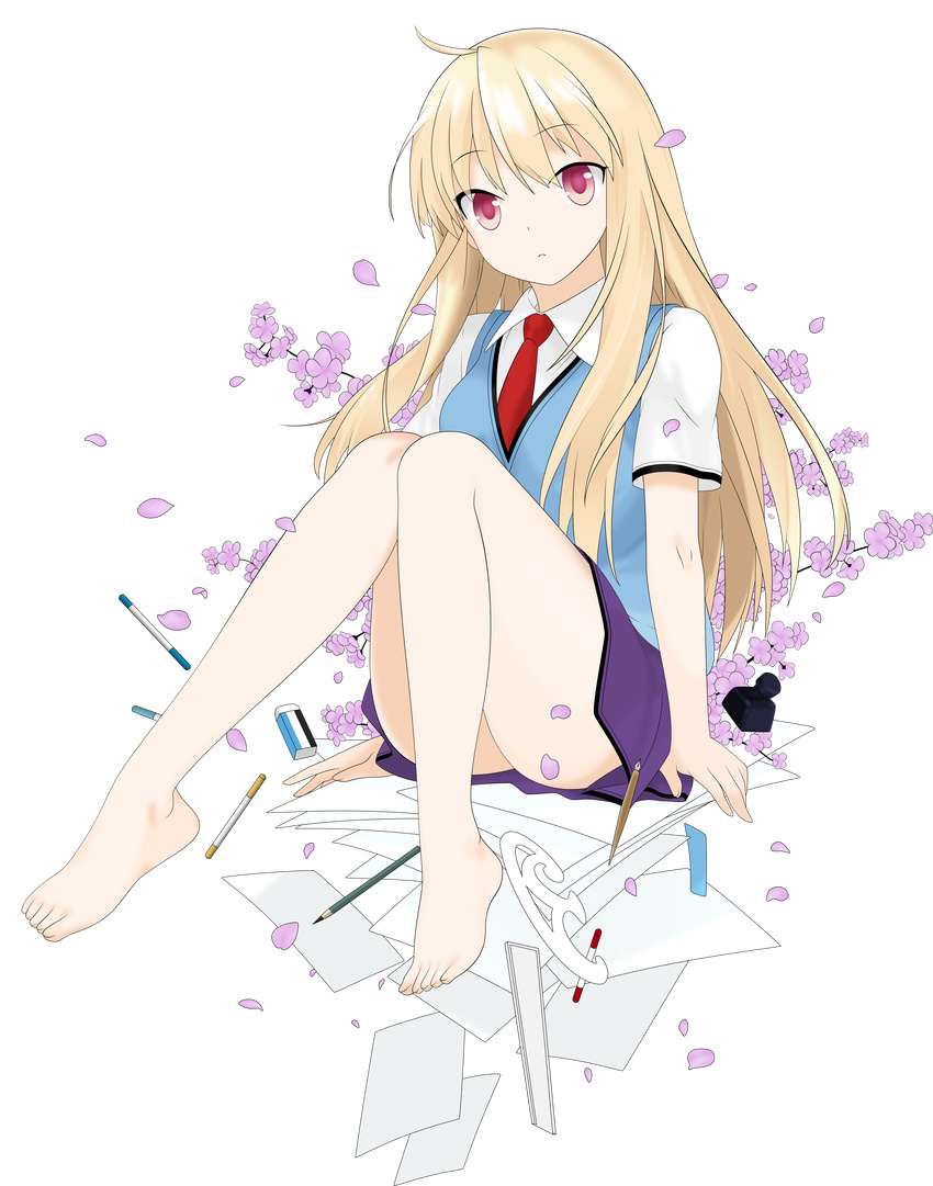 absurdres barefoot blonde_hair cherry_blossoms eraser fountain_pen full_body highres inkwell kusano_houki legs long_hair necktie non-web_source official_art paper pen pencil petals red_eyes ruler sakura-sou_no_pet_na_kanojo school_uniform shiina_mashiro sitting solo transparent_background vector_trace