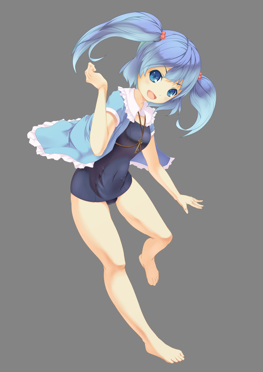 barefoot blue_eyes blue_hair blush full_body grey_background hair_bobbles hair_ornament highres kawashiro_nitori key masatome one-piece_swimsuit open_clothes open_mouth open_shirt school_swimsuit shirt short_hair simple_background smile solo swimsuit touhou two_side_up