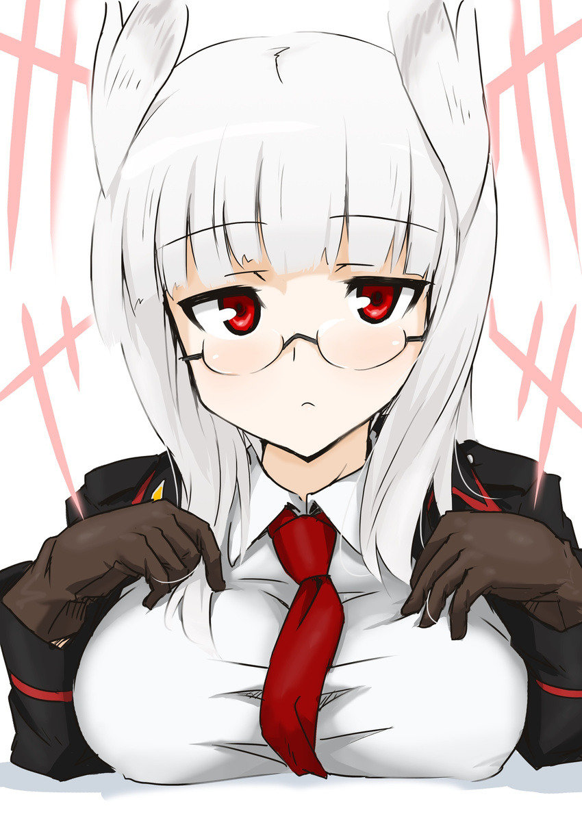 animal_ears bad_id bad_pixiv_id breasts commentary dakku_(ogitsune) glasses gloves heidimarie_w_schnaufer highres hirschgeweih_antennas large_breasts long_hair military military_uniform necktie red_eyes solo strike_witches uniform white_hair world_witches_series