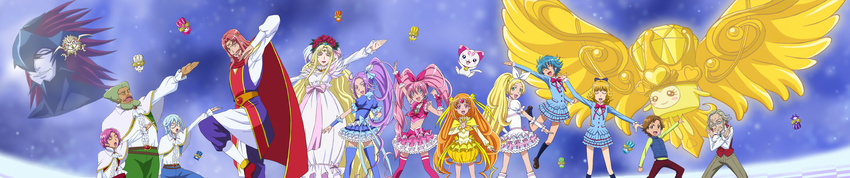6+girls absurdres aphrodite_(suite_precure) aria_gakuen_school_uniform baritone_(suite_precure) bassdrum beard belt blonde_hair blue_background blue_eyes blue_hair blue_legwear blue_skirt boots bow braid brooch brown_eyes bubble_skirt cape cat choker circlet closed_eyes crescendo_tone crossed_arms cure_beat cure_melody cure_muse_(yellow) cure_rhythm dodory dory dress facial_hair fairy_tone falsetto_(suite_precure) fary flower frills glasses green_eyes green_hair hair_flower hair_ornament hair_ribbon heart higashiyama_seika highres houjou_hibiki hummy_(suite_precure) jewelry kurokawa_eren lary long_hair long_image looking_back magical_girl mephisto_(suite_precure) midriff minamino_kanade minamino_souta miry multiple_boys multiple_girls music mustache nishijima_waon noise_(suite_precure) orange_hair outstretched_arms p-chan_(suite_precure) pants pink_bow pink_choker pink_eyes pink_hair pink_legwear ponytail precure puffy_sleeves purple_hair red_flower red_hair red_rose rery ribbon rose school_uniform seiren_(suite_precure) shirabe_ako shirabe_otokichi shirt short_hair singing skirt smile sory spread_arms suite_precure tawashi_(tawashisan) thighhighs tiry twintails vest white_dress wide_image wrist_cuffs yellow_bow yellow_eyes yellow_skirt