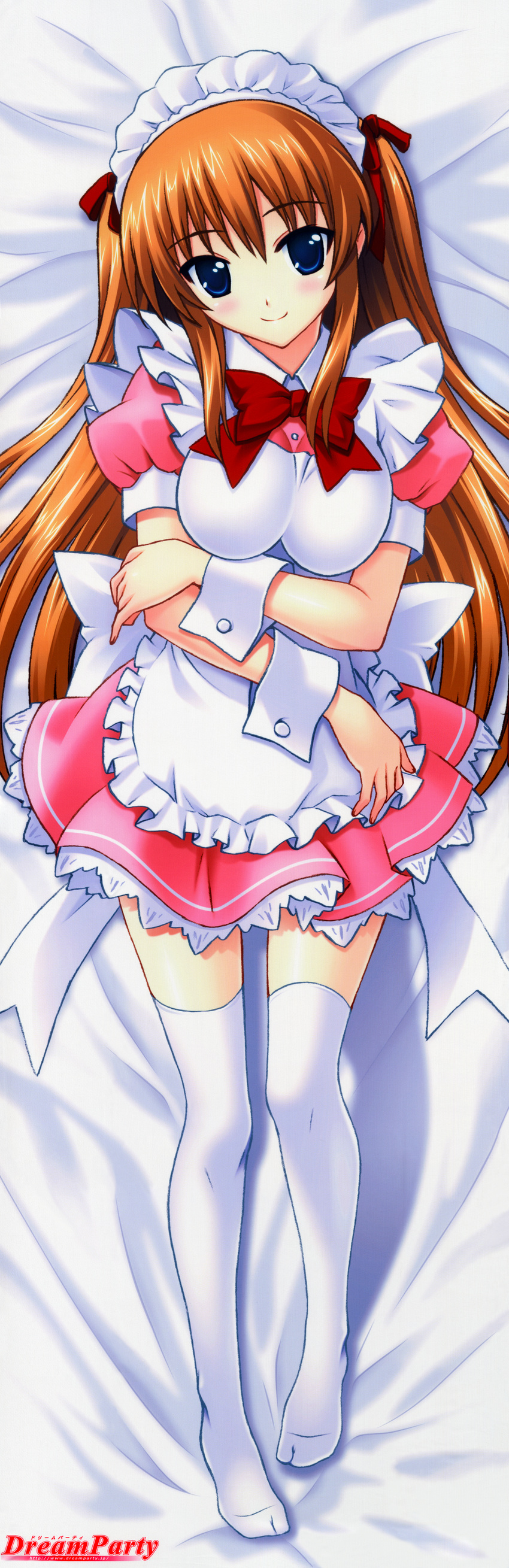 absurdres blue_eyes breasts brown_hair dakimakura dreamparty dress full_body highres huge_filesize long_hair lying maid maid_headdress medium_breasts mutsumi_masato solo thighhighs two_side_up white_legwear wrist_cuffs