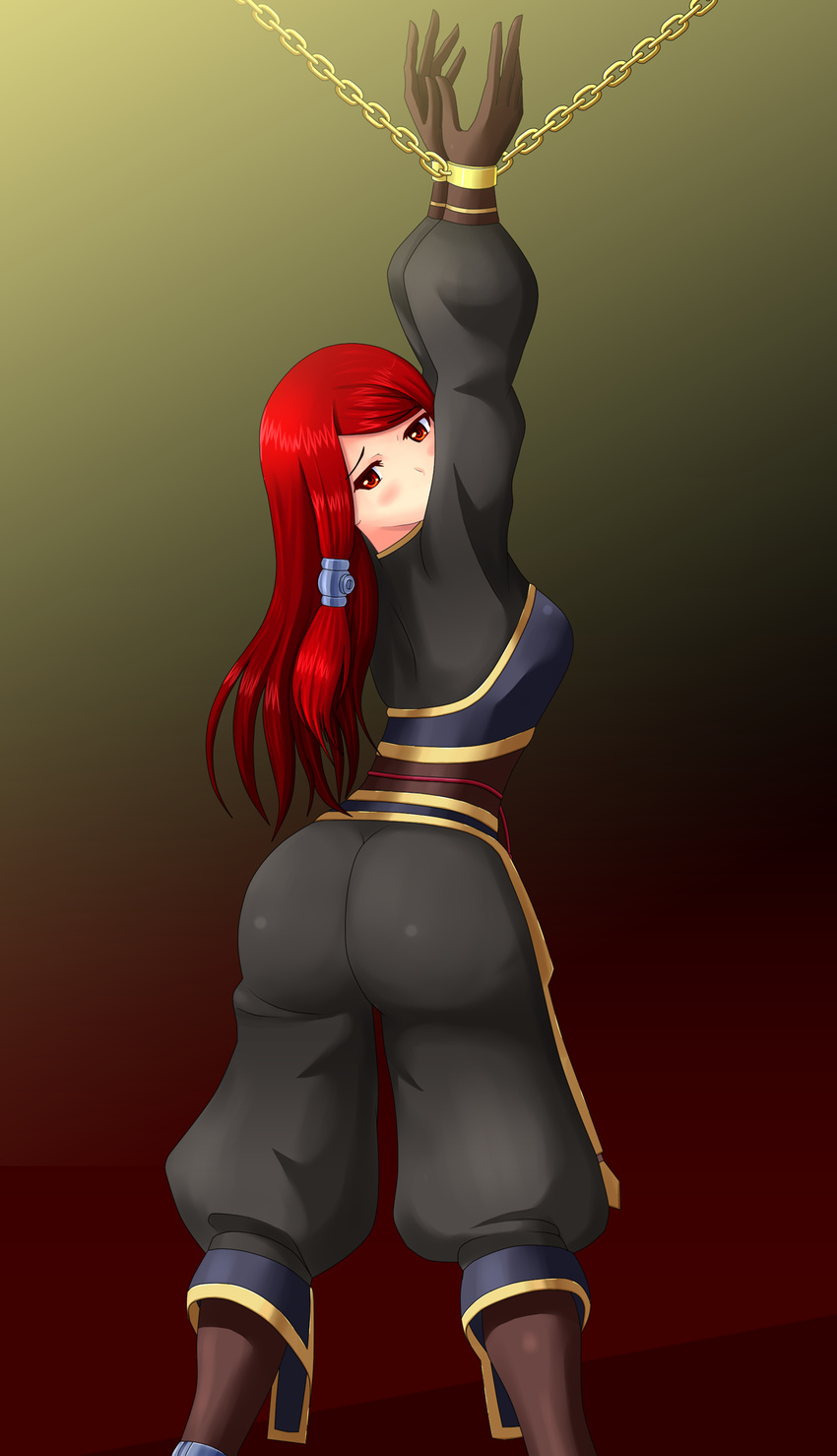 ass bdsm blazblue bondage bound bound_wrists chain gloves highres long_hair looking_back pants red_eyes red_hair solo standing tight tight_pants tsubaki_yayoi wiz_(shadow)