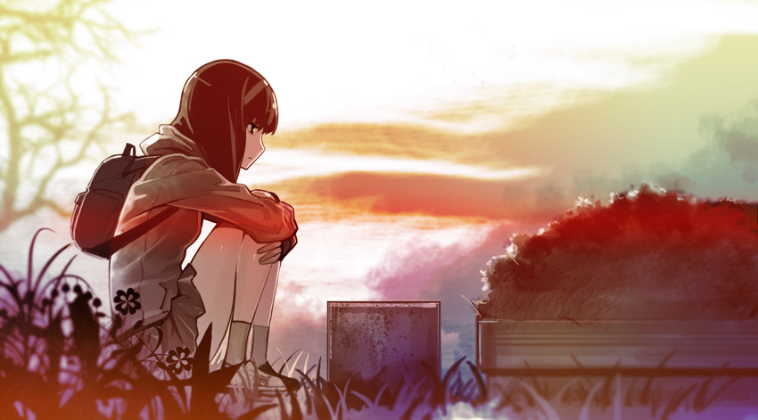 backpack bad_id bad_pixiv_id bag brown_hair cloud commentary flower from_side grass grave hairband highres hood hood_down hooded_jacket jacket knees_to_chest ladic legs lighting long_hair mourning original sad shoes sitting skirt sky sleeves_past_wrists socks solo tree