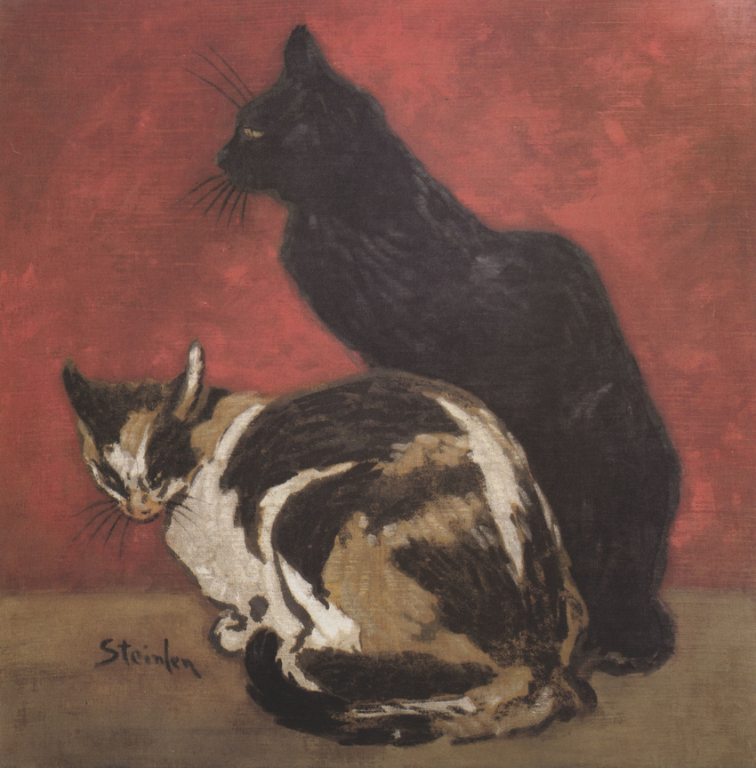 ambiguous_gender black_cat black_fur black_nose calico_cat cat feline feral fur hi_res looking_away looking_back mammal pink_nose plain_background profile red_background side_view signature sitting theophile_steinlen traditional_media yellow_eyes